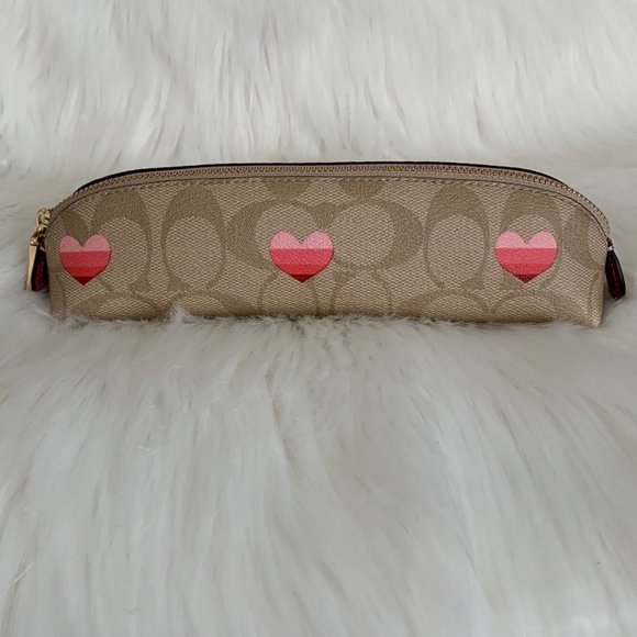 COACH Signature Heart Striped Pencil/Brush Case in Light Khaki/Pink - Picture 2 of 6